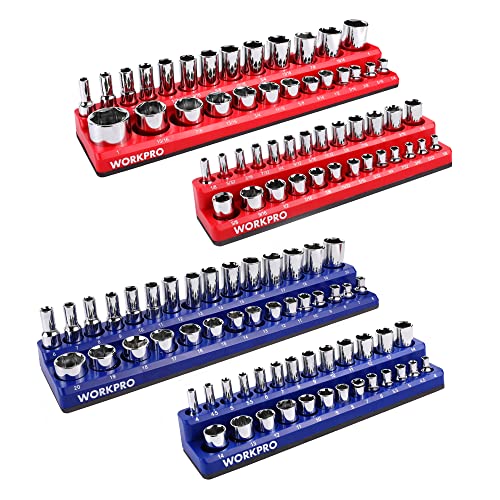 WORKPRO Magnetic Socket Organizer Set, 4-Piece Socket Holder Set Includes 1/4", 3/8" Drive Metric & SAE Socket Trays, Holds 108 Pieces Standard and Deep Size Sockets (Sockets not Included) | 1/4", 3/8", Drive Socket Trays, Holds 108-Piece Sockets, Suitabl