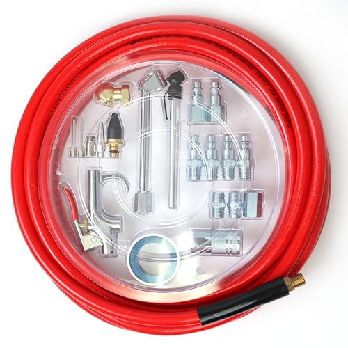 20-Pc 3/8" x 25ft PVC Air Hose Kit, Air Compressor Accessories with 300 PSI Work Pressure, Air Blow Gun, Tire Chucks and 1/4" NPT Plugs