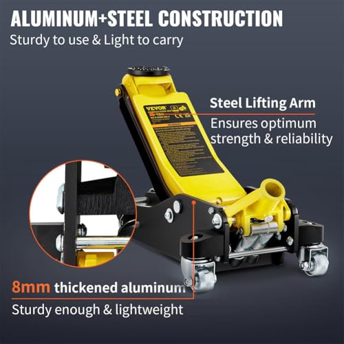3 Ton Floor Jack, Low Profile Aluminum and Steel Hydraulic Low Profile Car Jack with Dual Pistons Quick Lift Pump Lightweight Racing Floor Jack for Vehicle
