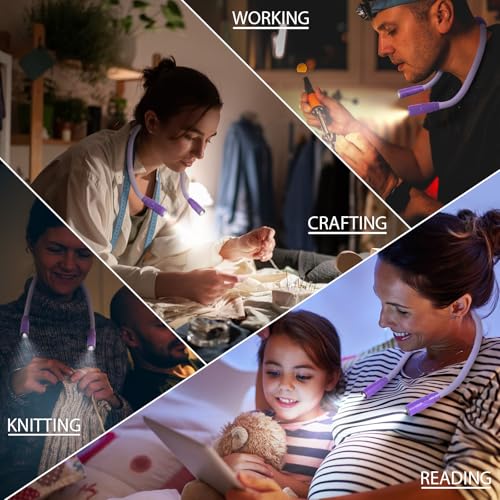 LUXJET Book Light for Reading at Night, Neck Reading Light for Books in Bed, 4 LED Bulbs, Hands Free, 3 Adjustable Brightness, 80-hr Lasting Rechargeable Lamp for Knitting, Camping, Repairing - color: Purple