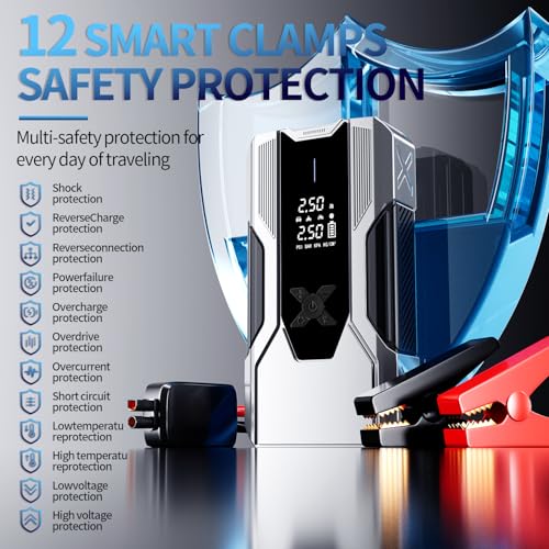 Emergency Portable Jump Starter with Air Compressor - 3000A 150PSI for Cars, Trucks & SUVs up to 9L Gas/7L Diesel, 12000mAh Portable Power Bank, -20°F Cold Start (Silver)