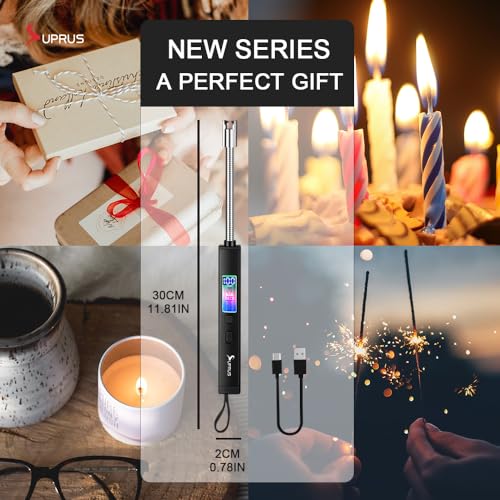 SUPRUS Electric Candle Lighter USB-C Rechargeable with Digital Battery Display Ambient Lighting Safety Switch 360° Flexible Neck Flameless Plasma Windproof Perfect for Candle BBQ Camping (Black) - color: Black