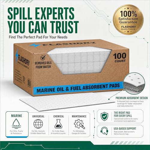 FLASHDRY Marine Oil Spill Absorbent Pads, 100-Count Oil Control Pads, 17.5" x 13.5" - Fuel, Diesel & Bilge Water Cleanup, Water-Repellent, Eco-Friendly, Tear-Resistant Hydrocarbon Absorption - size: 100 Pads - 2mm