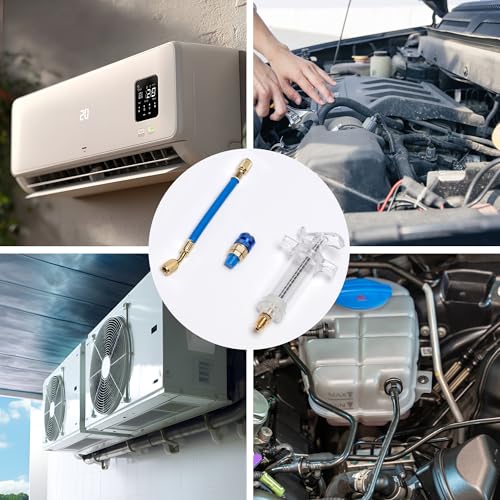 Oil and Dye Injectors Kit Hand Push 30ml/1 Oz AC Compressor Manual Oil Dye Injector with 1/4 SAE Quick Coupler Car AC Compressor Tool
