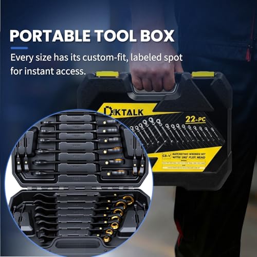 22-Piece Ratcheting Wrench Set with 180° Flex Head & Anti-Slip Design, Metric (6-18mm) and SAE (1/4-3/4") Combination Wrench Set, Professional Grade Chrome Vanadium Steel with Organizer Box