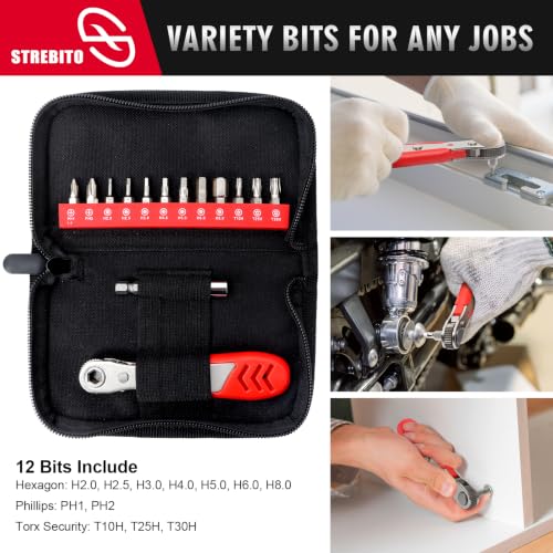 STREBITO Right Angle Screwdriver 14 Piece Mini Ratchet Set | Offset Screwdriver Low Profile Ratchet Screwdriver Set with 1/4 Ratchet, Hex, Phillips, Torx, Ratchet Set for Tight Spaces - color: 14 in 1 With Zipper Pouch