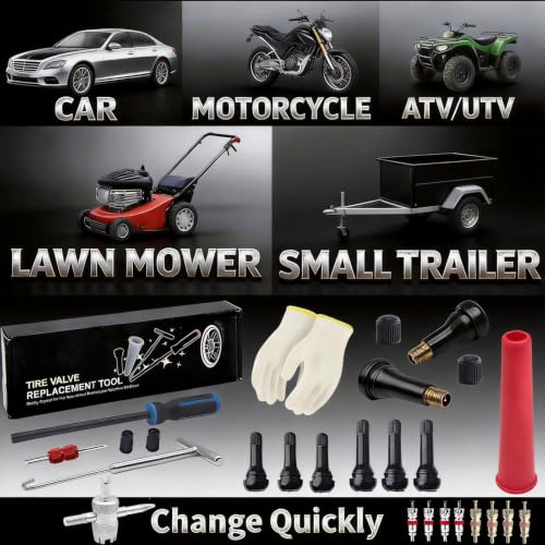 Valve Stem Removal Tool with Heavy Duty Hook & Longer Puller,Tire Valve Stem & Core Replacement Installation Tool Kit,without Tire Removal,Tire Pressure Checking, for Cars Motorcycles Lawn Mowers ATVs
