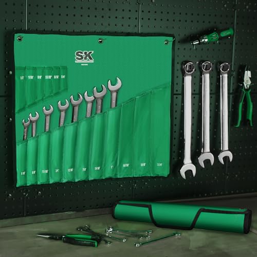 SK Combination Wrench Set, Metric 6 to 32mm, SAE 1/4" to 1-1/4", 42-Piece | SuperKrome Finish, Drop Forged Premium CR-V Steel, 12-Point Wrenches, 15-Degree Offset, with Rolling Pouch - size: Metric&SAE (6 to 32mm & 1/4" to 1-1/4")