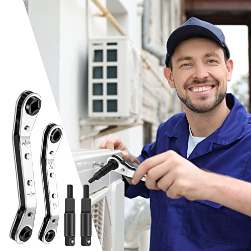 Zhehao Hvac Service Wrench Refrigeration Service Wrench Set, 3/8 to 3/16, 5/16 x1/4, Ratchet Refrigeration Tool Set Air Conditioner Valve with Hexagon Bit Adapter Kit for Equipment Repair
