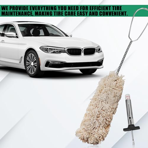 4PCS 12.5" Extra Long Handle Tire Lubricant Brush Applicator Swab Set with Tread Depth Gauge, Car Tire Lubricant Brush Universal Tire Lube Swabs Fit Most Lube Buckets for Auto Tire Changing