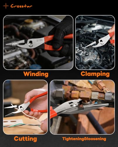 Crosstar 9-Inch Long Nose Slip Joint Pliers, CR-V Steel Needle Nose Pliers with 2-Position Adjustable Jaw, Self-Returning Spring & 2-Zone Serrated Jaw for Clamping, Tightening and Loosening