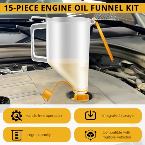 YSTOOL Automotive Engine Oil Filling Funnel Kit 15PCS No Spill Fluid Change Tool Set with 1.5QT Funnel and 14PCS Dedicated & Universal Adapters Fits Chrysler GM Toyota Ford VAG Jeep Dodge etc.