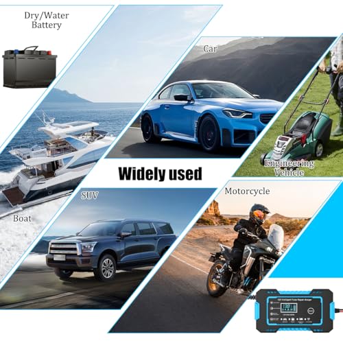 Car Battery Charger, 12V 6A Smart Fully Trickle Vehicle Battery Charger & Desulfator with Temperature Compensation, Portable Automotive Power Maintainer, Universal Fit (Blue) - color: Blue