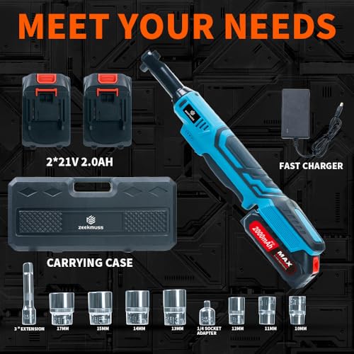 Zeekmus Cordless Ratchet Wrench Set - 3/8" Electric Power Ratchet Kit with 400RPM, LED Work Light, and 2.0Ah Batteries, Adapters and Extension Bars Variable Speed, with Case