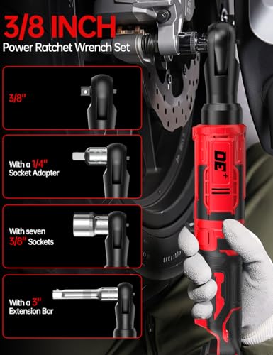 3/8 Inch Cordless Ratchet Wrench, for Milwaukee M18 Battery, 88Ft-Lbs, 0-400RPM, Electric Ratchet Wrench Set with Variable Speed Trigger, Reinforced Head, R&F Switch, 7 Sockets, 3/8" to 1/4" Adapter