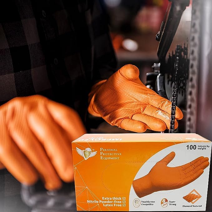 S&G Orange Nitrile Gloves Disposable Latex-Free 8Mil Thick Heavy Duty Powder-Free for Industrial, 1000 Pcs- Medium, Large, XL - size: Large