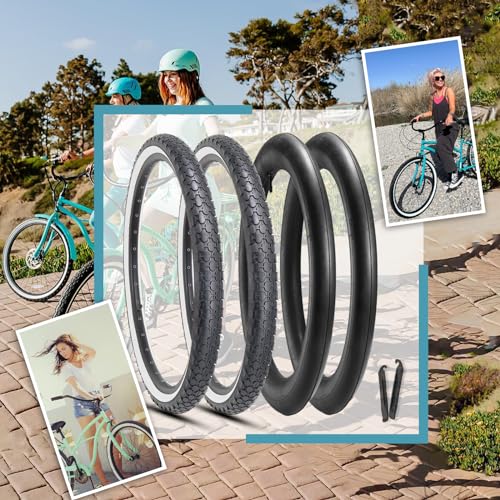 Hycline 2-Pack Cruiser Bike Tires Set: 24/26x2.125 inch Folding Replacement High-Performance Wear-Resistant Tires with Inner Tubes & Tire Levers for Beach & Urban Commuter Bikes - color: White Set-24x2.125