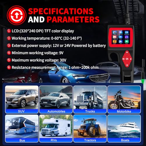 P200 Power Circuit Probe Tester, 9V-30V Automotive Electrical Circuit Tester with 2.4" LCD Screen, Multi-Function Car Diagnostic Tool for Voltage Resistance Relay Injector Test