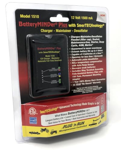 BatteryMINDer 1510 12 Volt-1.5 Amp Smart Battery Charger, Maintainer & Desulfator, Automatic Trickle Charger for Car, Motorcycle, Marine Batteries Ideal for Winter & Long-Term Storage