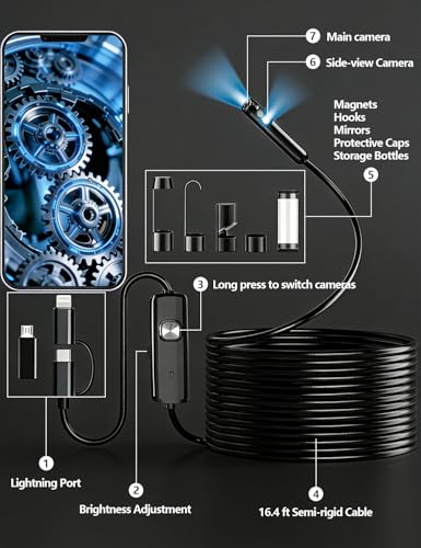 Dual-Lens Endoscope Camera with Light, 1920P HD Borescope with 8 Adjustable LEDs, 16.4FT Semi-Rigid Snake Cord, IP68 Waterproof Inspection Tool for iOS, Android, Automotive, Plumbing, HVAC (7.9mm)
