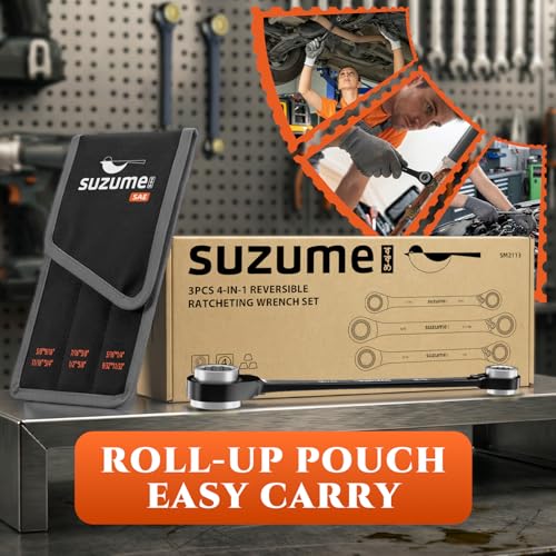 SUZUME 4 in 1 Reversible Double Box End Ratcheting Wrench set 3PCS SAE | 5/16,1/4,9/32,11/32 & 7/16,3/8,1/2,5/8 & 5/8,9/16,11/16,3/4-inch CR-V Steel for Cars Trucks SUVs and Vans Moto Bike Repair - size: SAE