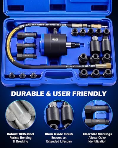 Orion Motor Tech Pneumatic Injector Puller Set for Diesel Engines, 23 pcs 5-8 Bar Air Vibration Injector Removal Tool Kit with Extractor Hammer, 19 Adapters, Extension Hose, and EU US Connectors
