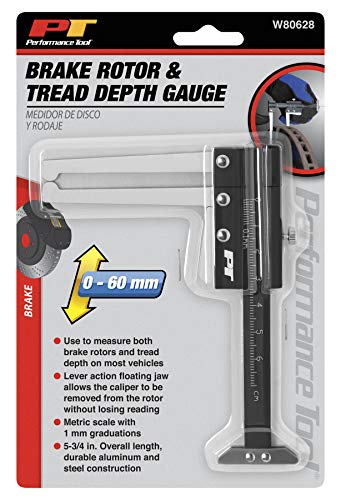 Performance Tool W80628 Brake Rotor Caliper and Tire Tread Depth Gauge with Metric Scale, Lever Action Floating Jaw, and T-Base for Most Vehicles