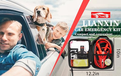 Car Roadside Emergency Kit with Jumper Cables Headlamp Car Safety Kits | Emergency Car Kit Tow Straps, Multi-function Blades, Gloves, Multi-tool Kit, Breakdowns Gifts for New Drivers and Teenagers - color: Blue
