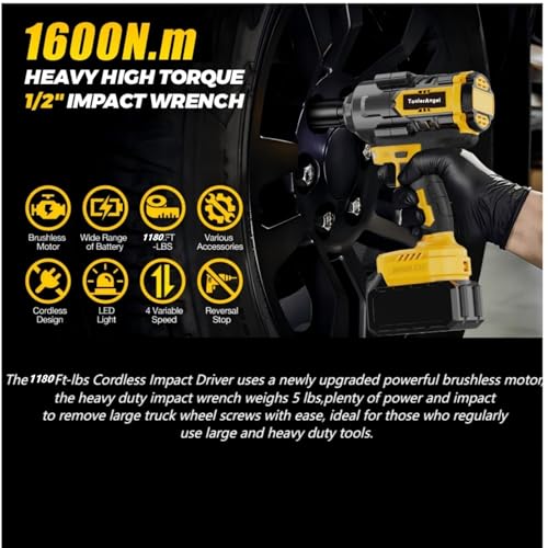 1600Nm Impact Wrench, 1/2" 1180ft-lbs Cordless Impact Gun with 1 x 8.0Ah Battery, 21V High Torque Power Impact Driver with 6 Sockets, Pistola Llave De Impacto for Truck RV Car Heavy Construction
