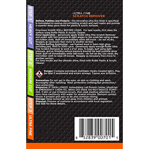 Rolite 3 Step Scratch Removal System for Clear Plastic and Acrylic Surfaces - Heavy Cut, Medium Cut and Ultra Fine Combo Set Removes Scratch and Swirl Marks, 3 - 4 Ounce Bottles
