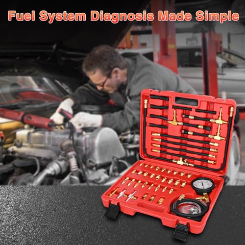 GOOACC Fuel Injection Pressure Tester Kit - 0-140PSI Fuel Pressure Gauge with 6.30 7.89 9.49 Fuel Line Fittings, Gasoline Engine Diagnostic Tool for Car Truck SUV ATV