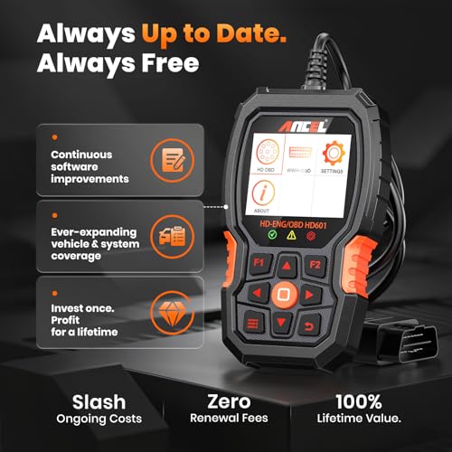 ANCEL New HD601 Heavy Duty Truck Scanner, Diesel Full System Diagnostic Scan Tool Fits for Cummins, Detroit, Volvo, Paccar & Caterpillar, 2 in 1 HDOBD & OBD2 Code Reader for Commercial Vehicles & Cars - color: orange