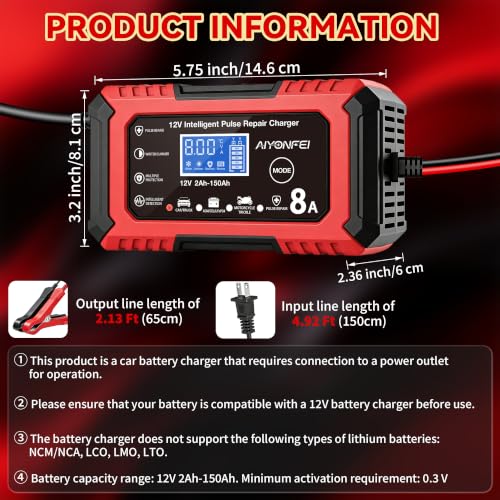 12V Battery Charger 8-Amp Smart Trickle Charger, Red | Battery Maintainer and Desulfator, Temperature Compensation, for Car, Truck, SUV, Motorcycle, Boat, Lead Acid, LiFePO4 - color: Red