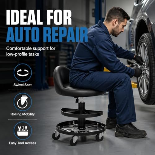 Sintuff Rolling Mechanic Stool, 16-21.6 in Adjustable Height Garage Stool with 2 Tier Tool Tray, 300 Lbs Capacity Padded Shop Seat with 360° Wheels, Black PU Leather Chair for Auto Repair and Workshop