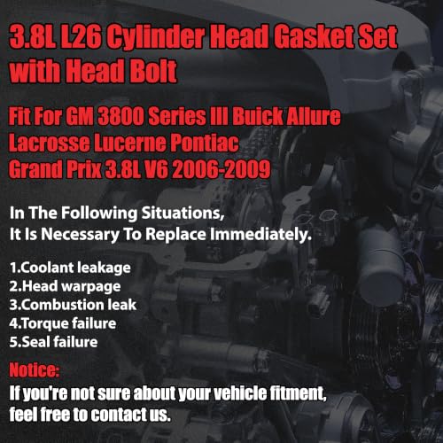 3.8 HS9917PT-4 L26 Full Gasket Set with Bolt For GM Buick 2006-2009 | Fit For GM 3800 Series III Buick Allure Lacrosse Lucerne Pontiac Grand Prix 3.8L V6 OE#HS9917PT-4 ES74033 - color: For GM 3.8L 2006-2009