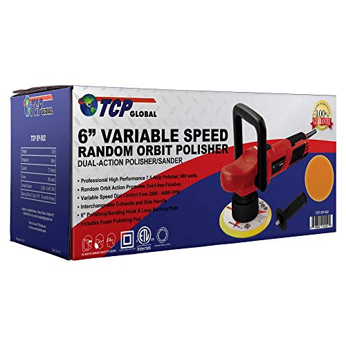 TCP Global EP-502-6" Variable Speed Random Orbit Dual-Action Polisher with Waffle Foam & Wool Pads - Professional Auto Paint Buffing & Polishing Kit