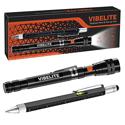 VIBELITE Magnetic Pickup Tool and 6 in 1 Multitool Pen with Touch Screen Stylus, Rulers, Bubble Level, Flathead, Phillips Screwdriver, Ballpoint Pen, Dad Gifts, Birthday Gifts for Men, Dad, 2Pack