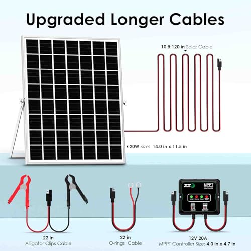 Solar Powered Battery Charger Trickle Maintainer, 20W 12V Solar Panel Kits MPPT Charge Controller with 8 Protections Function IP68 Waterproof for RV Trailer Marine Car Motorcycle (1, Black)