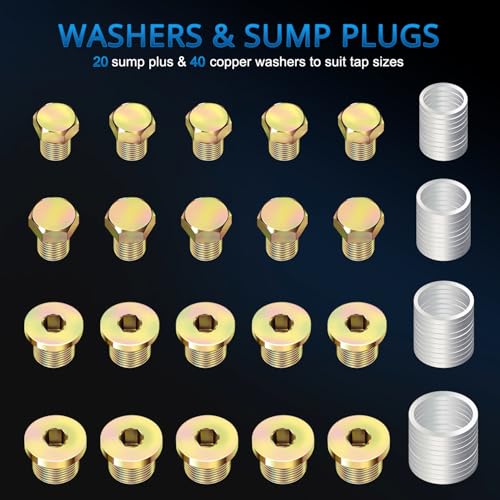 YSTOOL 64pcs Oil Drain Plug Repair Kit in M13 M15 M17 M20 Sizes, Metric Oil Drain Pan Thread Repair Kit, Drain Pan Automotive Rethreading Tools Kit with 4 Taps Asorted Sump Plugs, Copper Washers