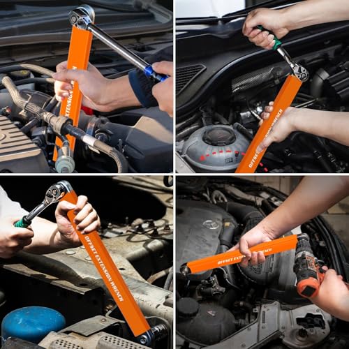 Offset Extension Wrench, Zero Degree Ratchet Extension Set Impact Ready Socket Wrench Extender Tool with 1/2", 1/4", 3/8" Drive Adapters and 1/4" Socket for Tight Place Orange - color: Orange