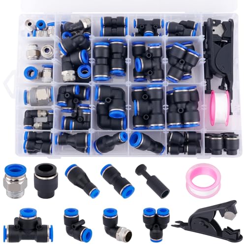78 PCS Air Line Quick Connect Fittings 1/8" 1/4" 5/16" 3/8" 1/2" Quick Connect Air Hose Fittings Push Lock Fittings Quick Release Pneumatic Kit for Air Compressor Pneumatic System - size: 78PCS