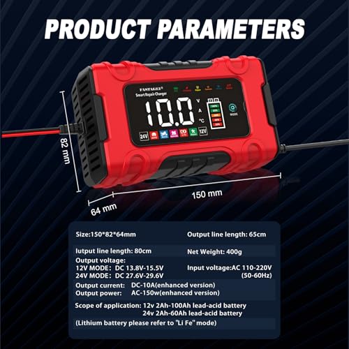 LiFePO4/Lead Acid Battery Charger Smart Battery Trickle Charger 12V/24V 10A/5A Automotive Battery Maintainer Desulfator Temp Compensation for Car Truck Motorcycle Lawn Mower Marine RV