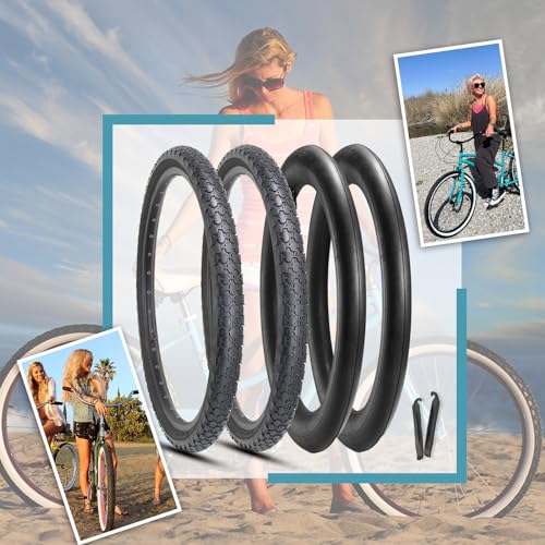 Hycline 2-Pack Cruiser Bike Tires Set: 24/26x2.125 inch Folding Replacement High-Performance Wear-Resistant Tires with Inner Tubes & Tire Levers for Beach & Urban Commuter Bikes - color: Black Set-24x2.125