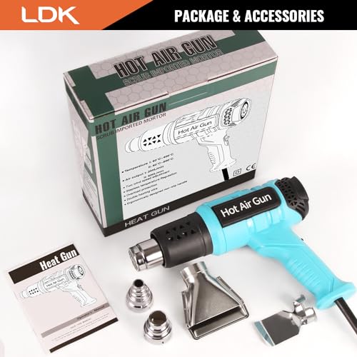 LDK Heat Gun, 140°F~1100°F Variable Temperature Control Heating Gun, 1.5s Fast Heating Heavy Duty Hot Air Gun Kit with 4 Nozzles for Crafting Shrink Tubing Vinyl Wrap - color: Blue 2000w