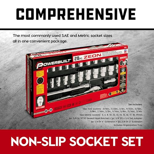 Powerbuilt 28-Piece Zeon Socket Set, SAE & Metric Rounded Fastener Grip Sockets with XT90 90-Tooth Ratchet, Extensions & Storage Tray - 941763 - size: Metric and SAE