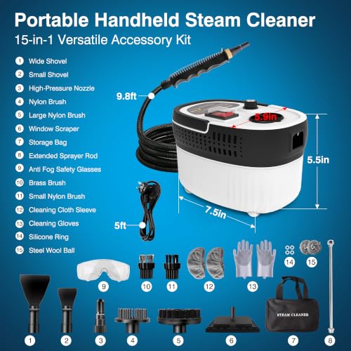 Steam Cleaner with 15-in-1 Kit, 2500W Steamer for Home & Car Detailing | 14.8ft Extended Reach, 15s Fast Heat-Up, 6-Level Adjustable, ANSI Z87.1 Safety Goggles, 45 Mins Steam, For Tile and Grout - color: White
