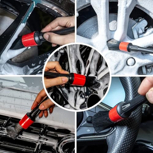 Metal Free Soft Wheel Cleaner Brush, Synthetic Wool Car Cleaning Brush, Highly Water Absorption, Dense and Durable Tire Brush for Cleaning Wheels, Rims, Spokes, Fenders, Engines… - color: black+red