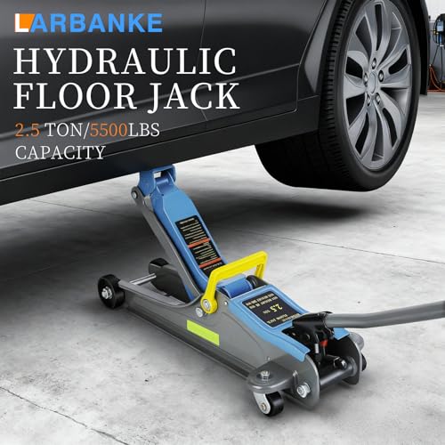 LARBANKE 2.5T Floor Jack, with Portable Carrying Handle and Reflective Strip, Lifting from 3.35" to 15.16", Low Profile Hydraulic Single Piston Quick Lift Pump, Blue
