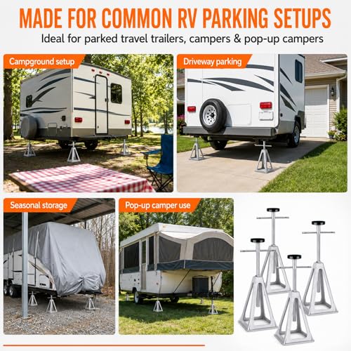 RV Stabilizer Jacks Set of 4, 7500 lbs Each Aluminum RV Stack Jacks, Adjustable 11"–17" Camper Stabilizer Jack Stands with Rubber Pads for Travel Trailers, Campers, Pop-Up Campers & Campsite Use