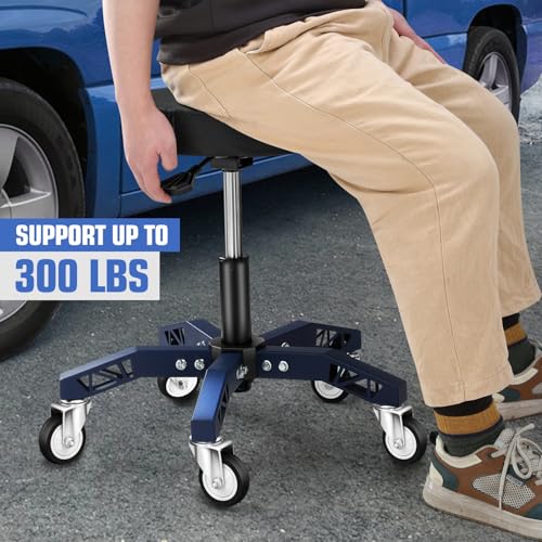 DNA Motoring Rolling Shop Stool, Adjustable Height Padded Rolling Seat, Pneumatic Roller Mechanic Stool for Garages, 300lbs Capacity, TOOLS-00635-BK-BL - style: 5 Wheel Blue